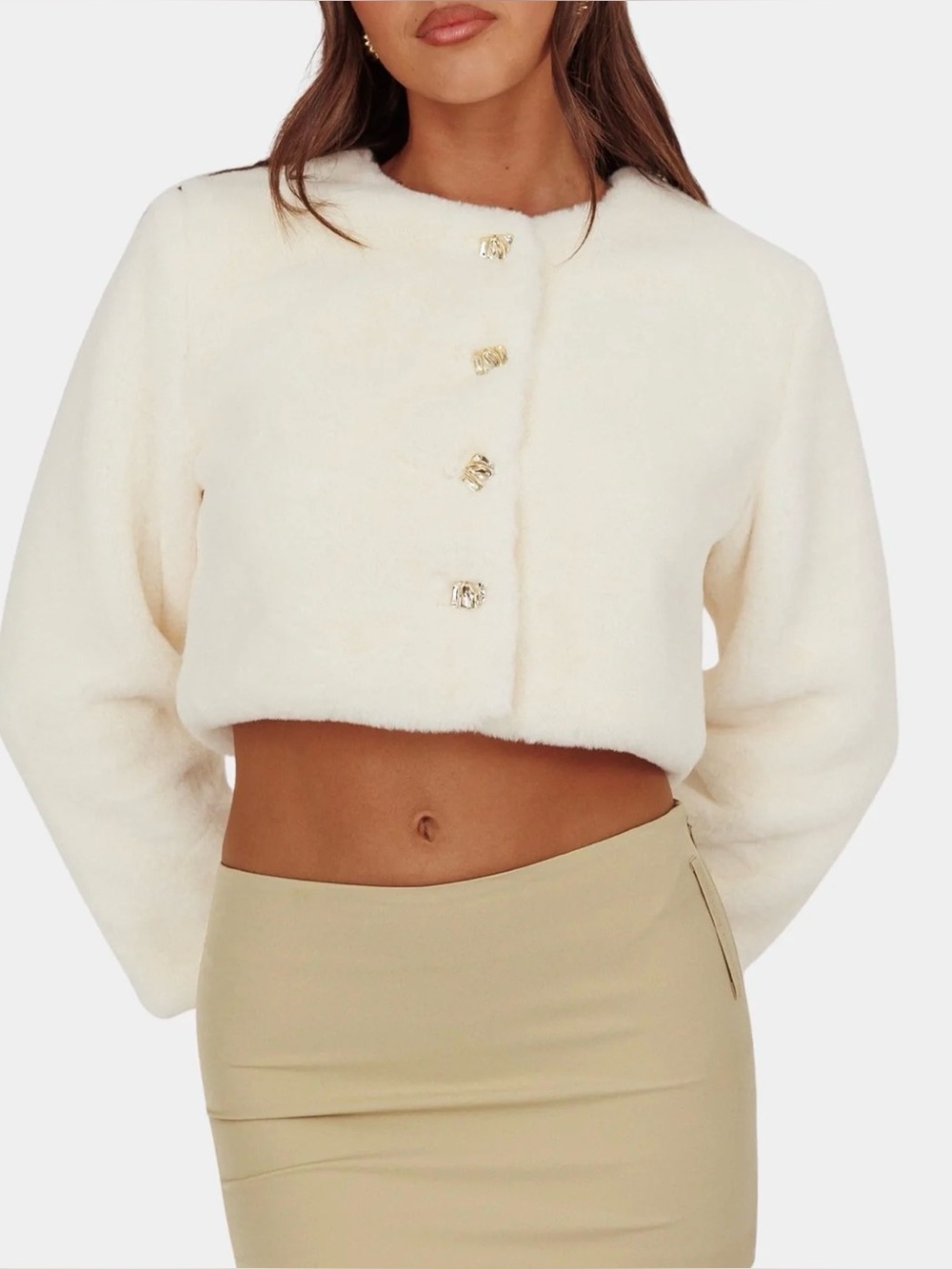 Cropped Teddy Jacket in Ivory with Gold Buttons